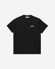 Black t-shirt with a small logo on a white background