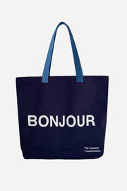 Navy tote bag with 'BONJOUR' text on a white background