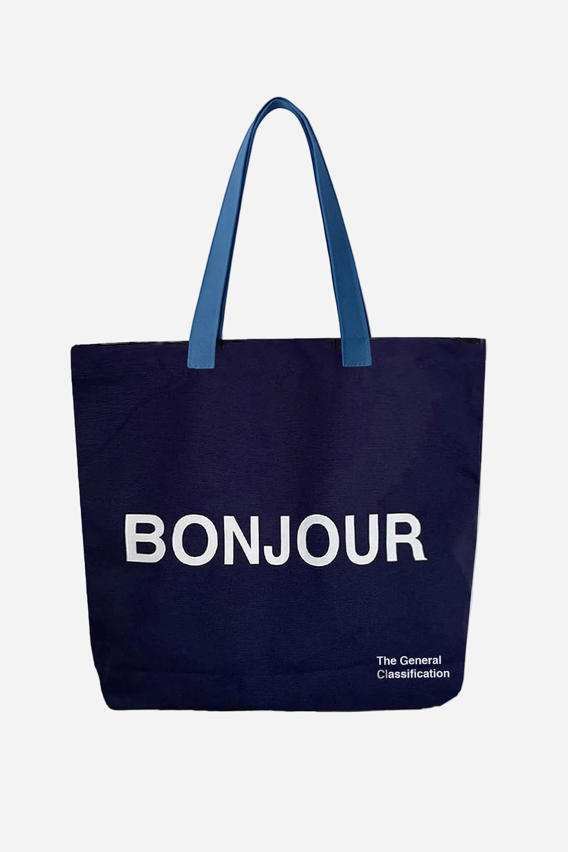 Navy tote bag with 'BONJOUR' text on a white background
