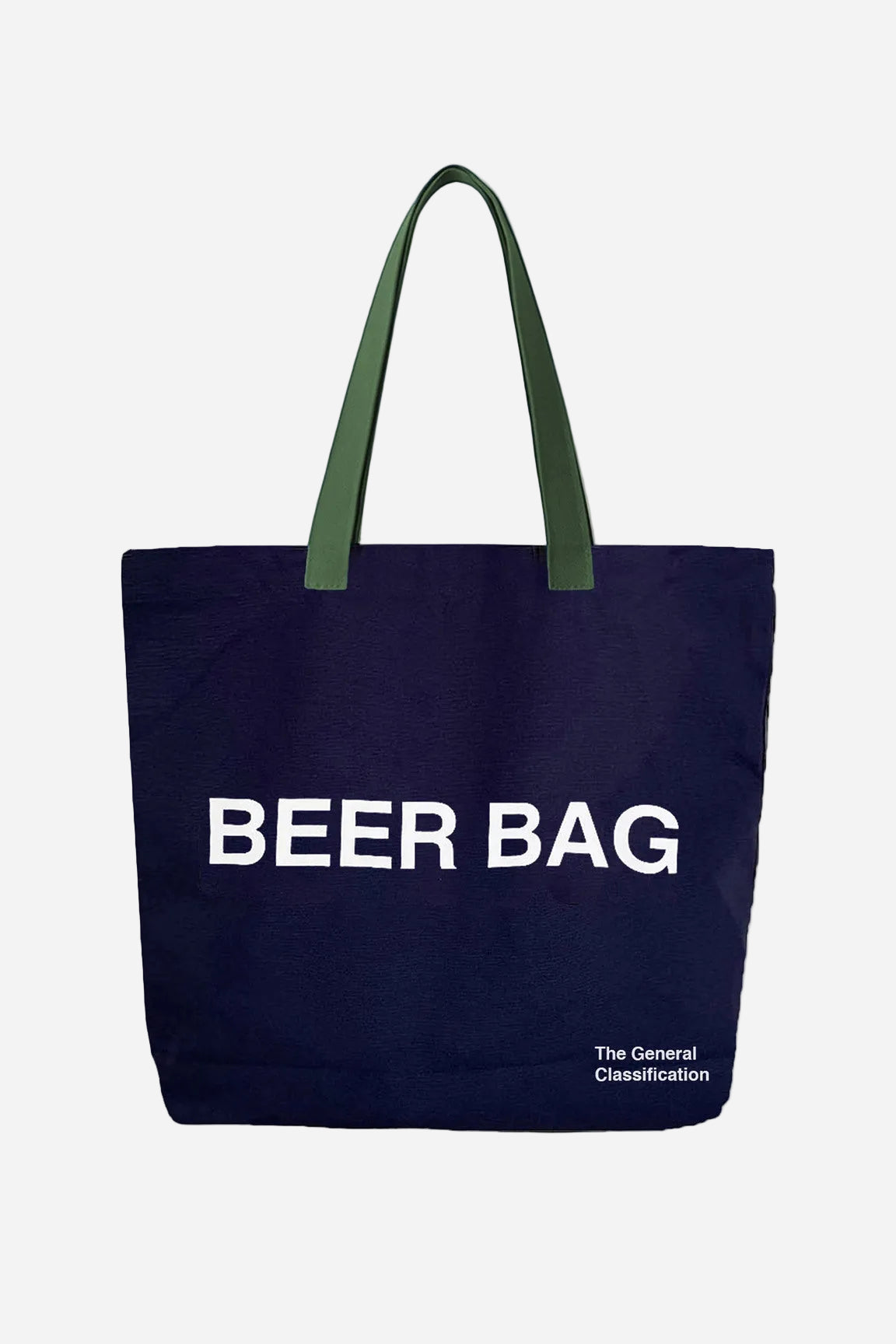 Navy tote bag with 'BEER BAG' text on a white background