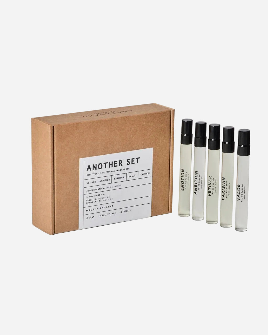 Set of perfume samples with a cardboard box on a white background