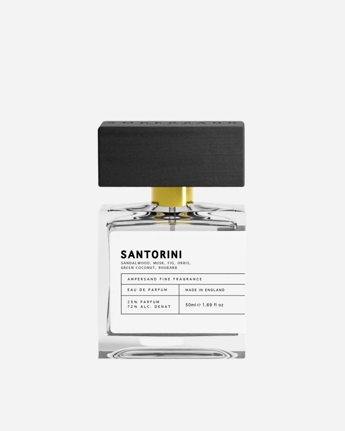 Perfume bottle labeled 'Santorini' on a white background
