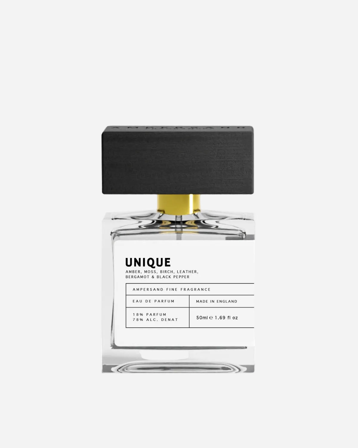 Perfume bottle with black cap and white label on a white background