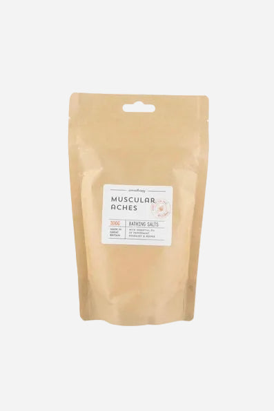Kraft paper packaging with a label for 'Muscular Aches' on a white background