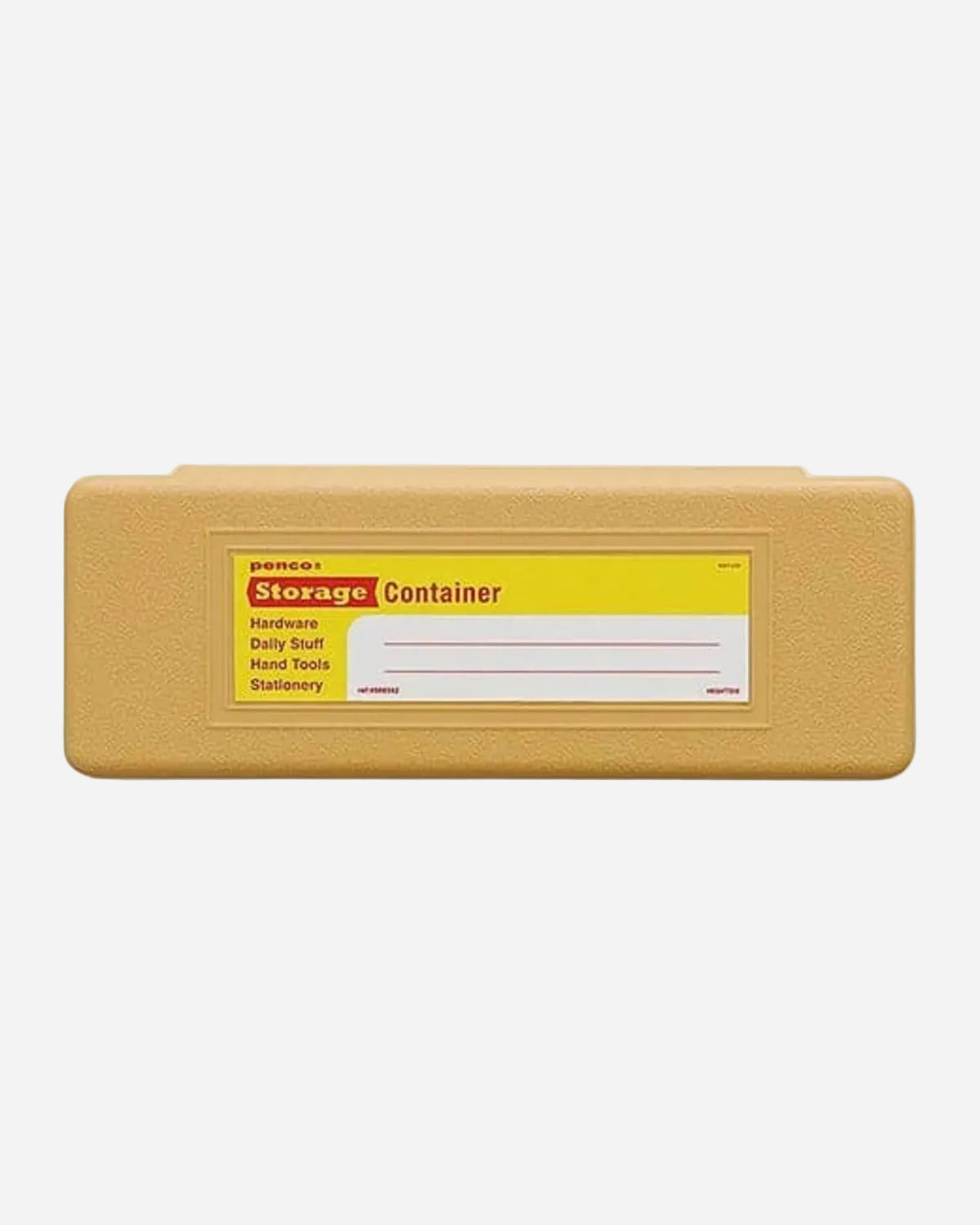 Beige storage container with a label on a white background