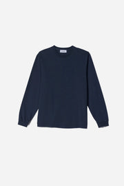 Navy long-sleeve shirt on a light gray background