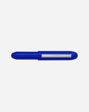 Blue pen with silver clip on a white background