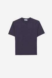 Navy blue t-shirt on a light gray background