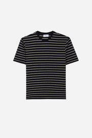 Black and white striped t-shirt on a light gray background