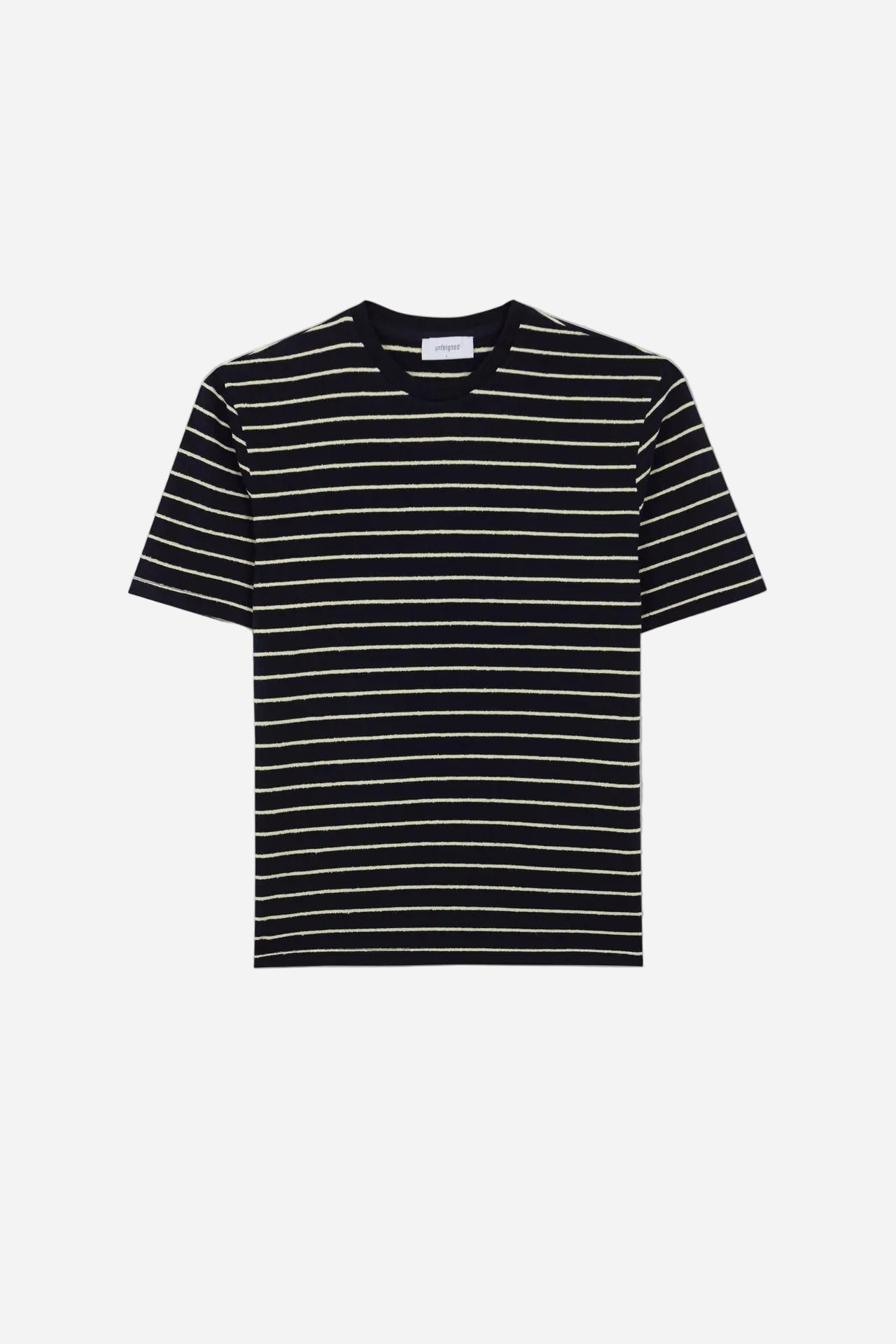 Black and white striped t-shirt on a light gray background