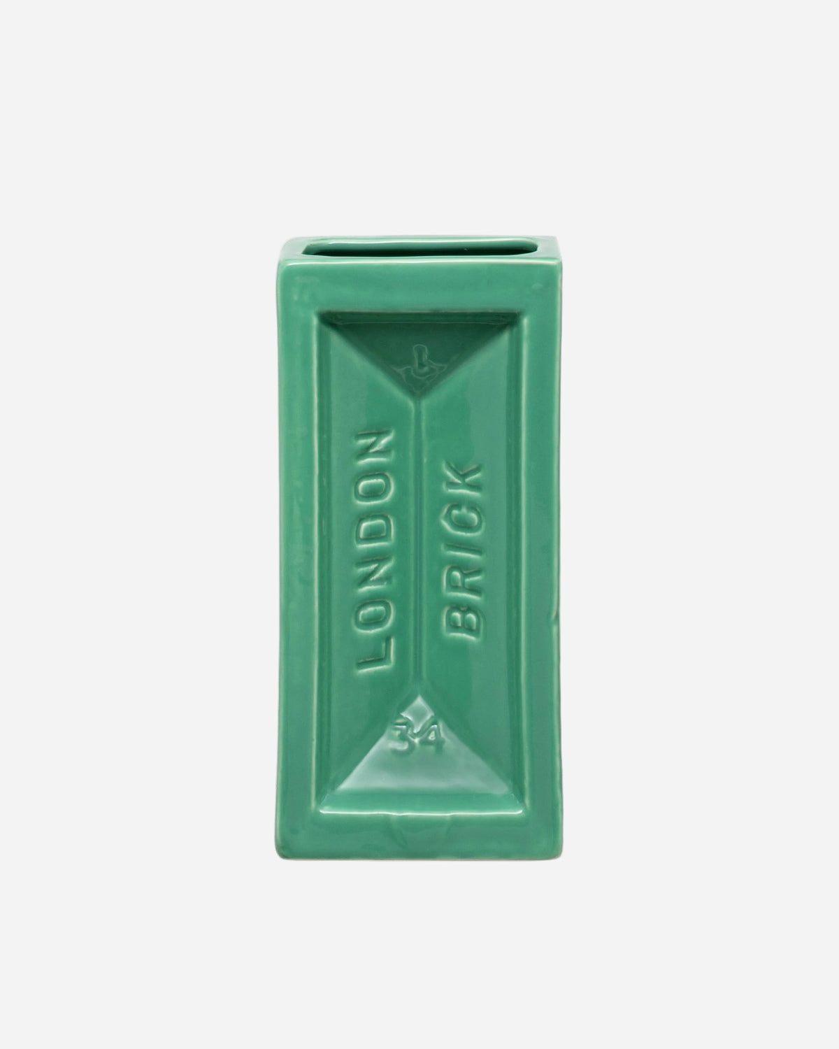 Green rectangular ceramic vase with 'London Brick' text on a white background