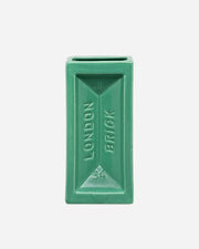 Green rectangular ceramic vase with 'London Brick' text on a white background