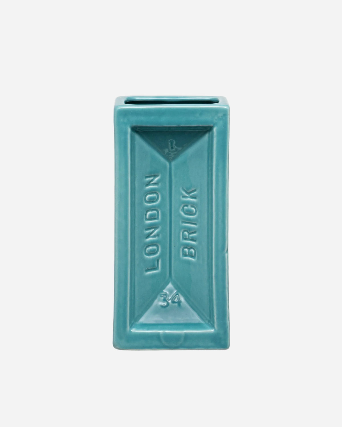 Teal rectangular vase with 'London Brick' text on a white background