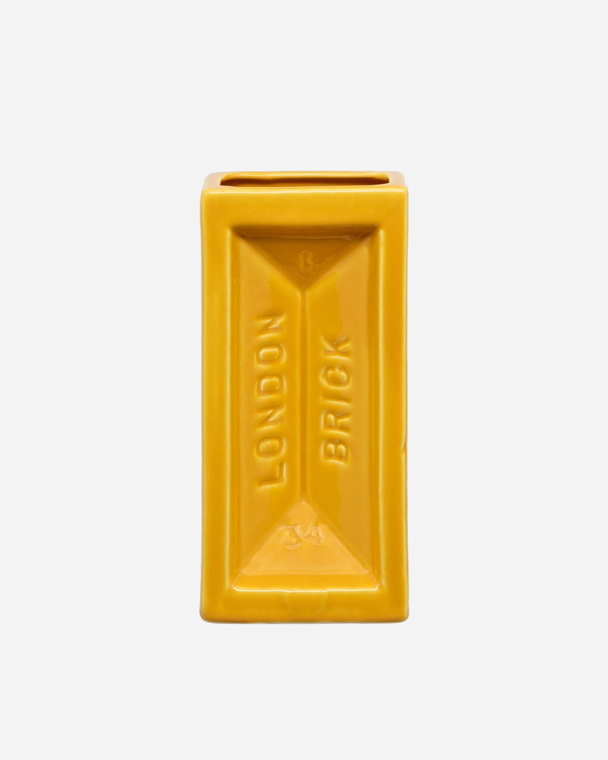 Yellow rectangular vase with 'London Brick' text on a white background