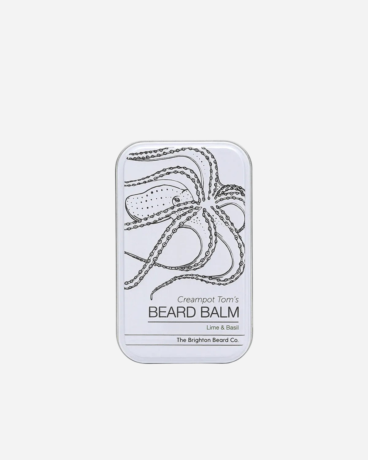 Beard balm container with branding on a white background