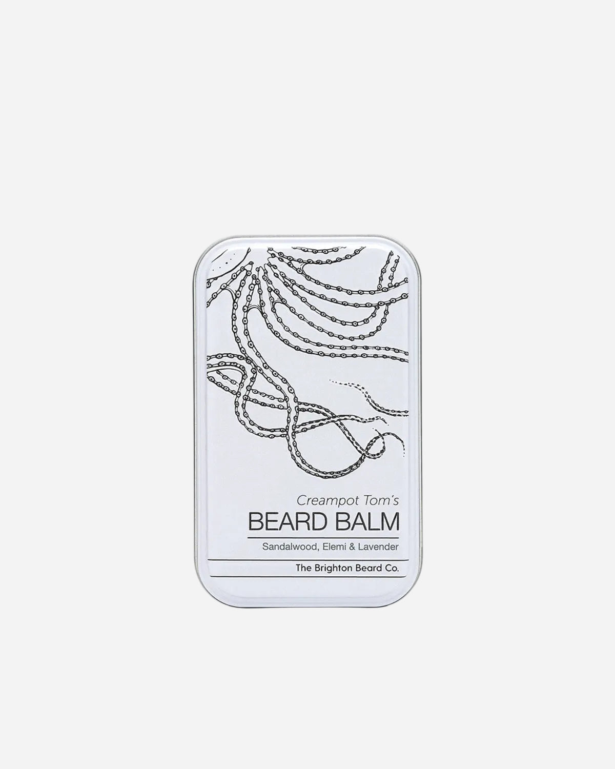 Beard balm container with branding on a white background
