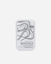 Beard balm container with branding on a white background