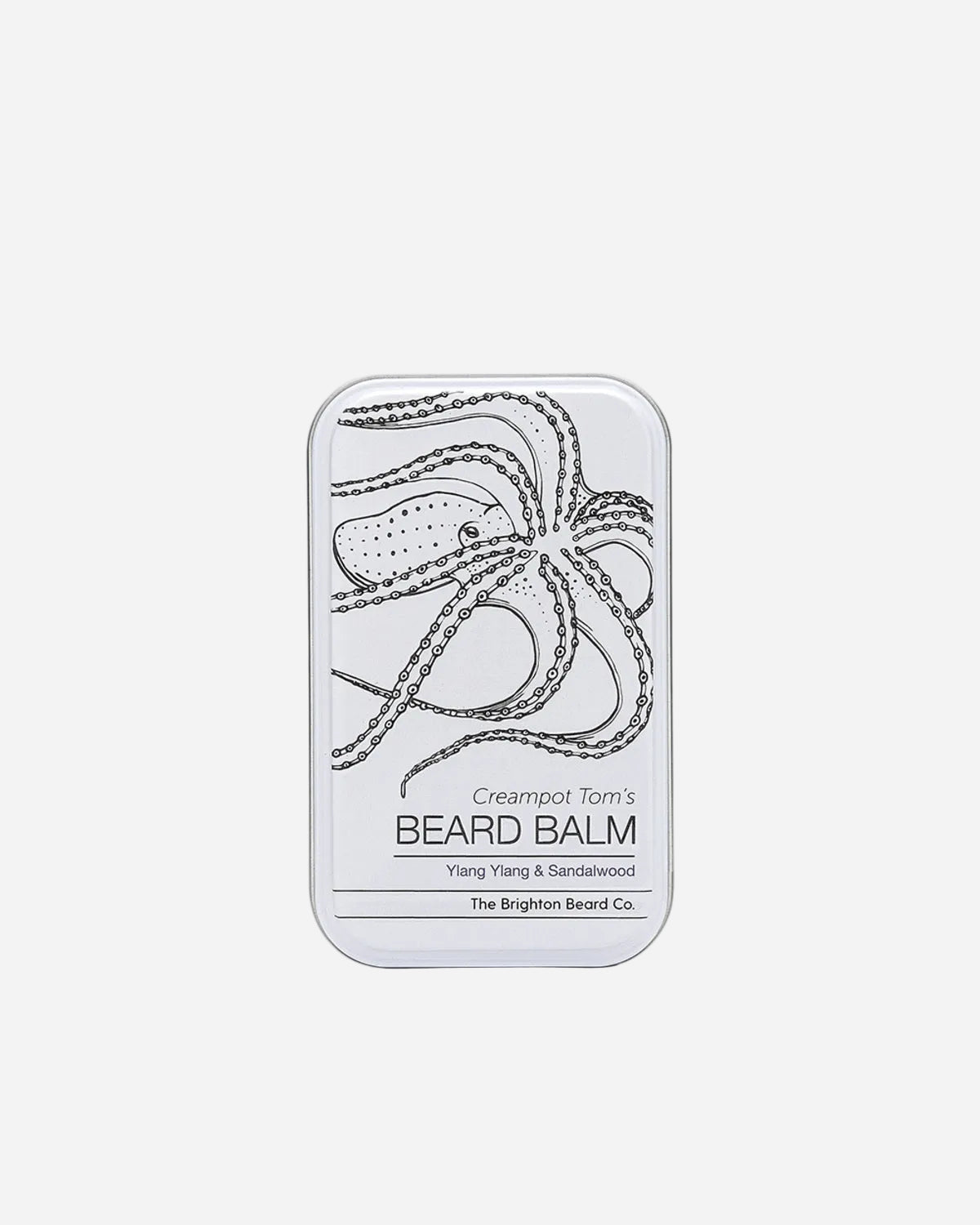 Beard balm container with branding on a white background