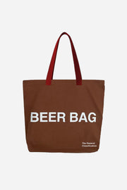 Brown tote bag with 'BEER BAG' text on a white background