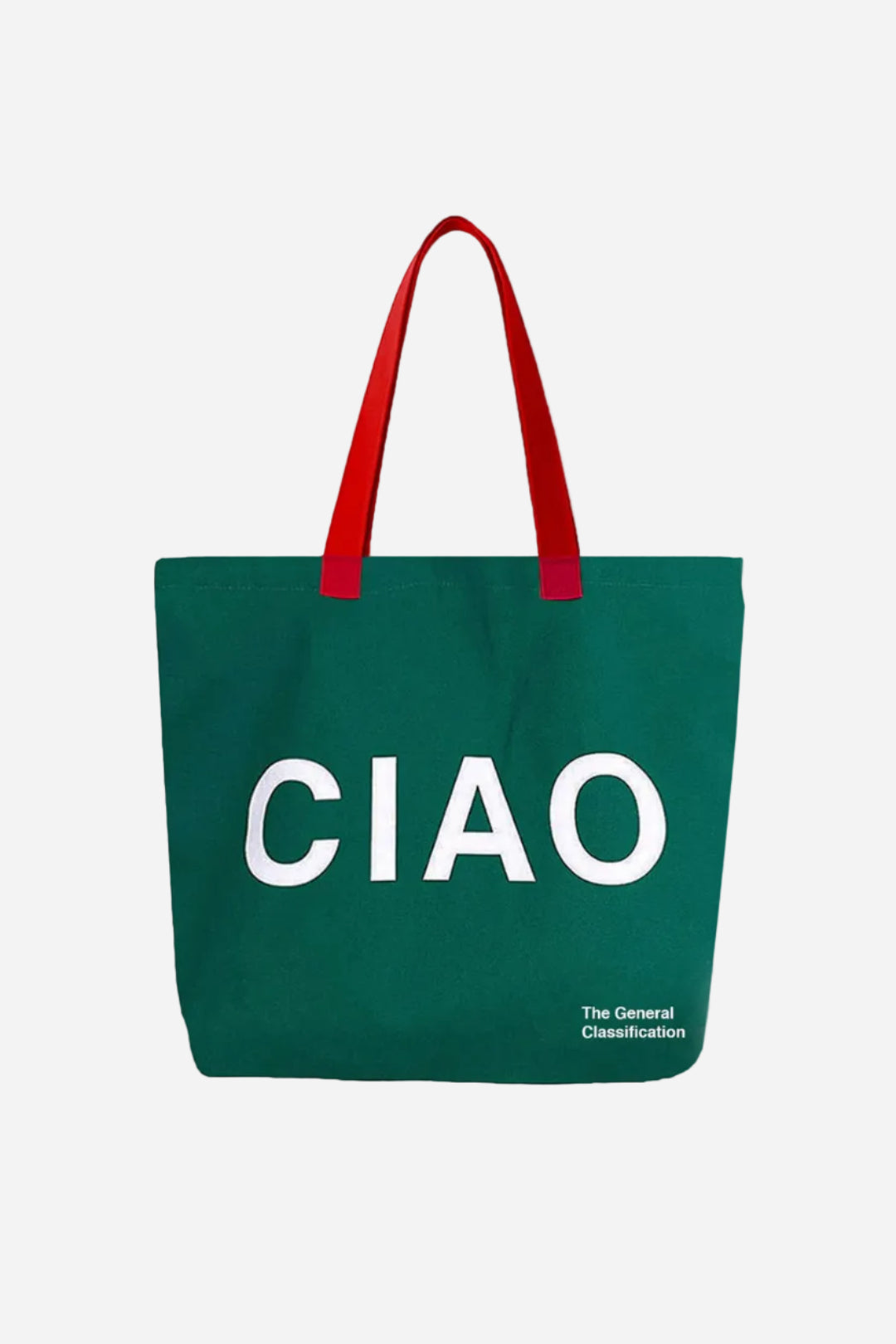 Green tote bag with 'CIAO' text and red handles on a white background