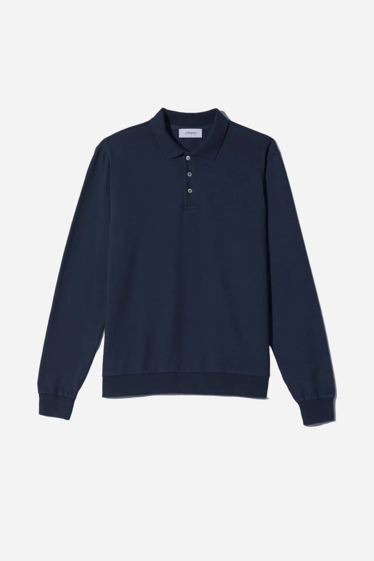 Navy long-sleeve polo shirt on a light gray background