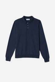 Navy long-sleeve polo shirt on a light gray background