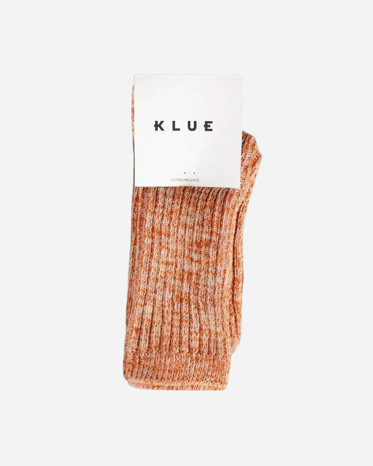 Brown sock with a KLUE label on a gray background