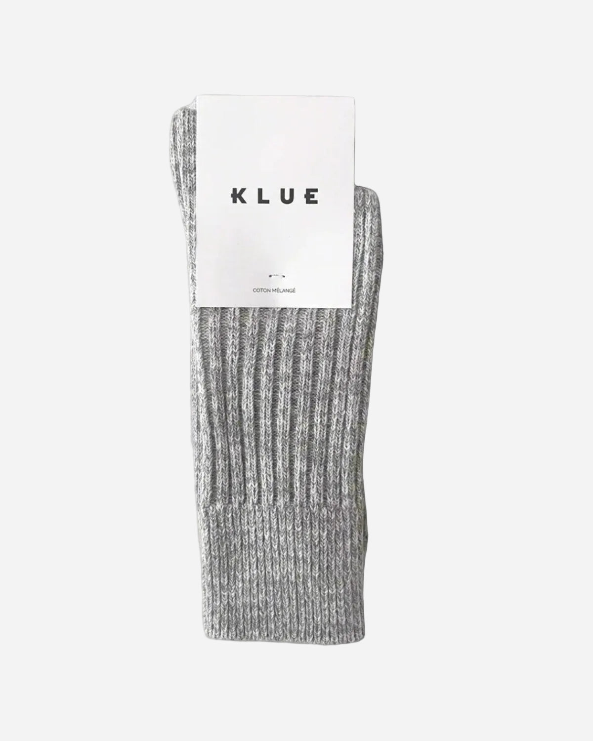 blue socks with a KLUE label on a gray background