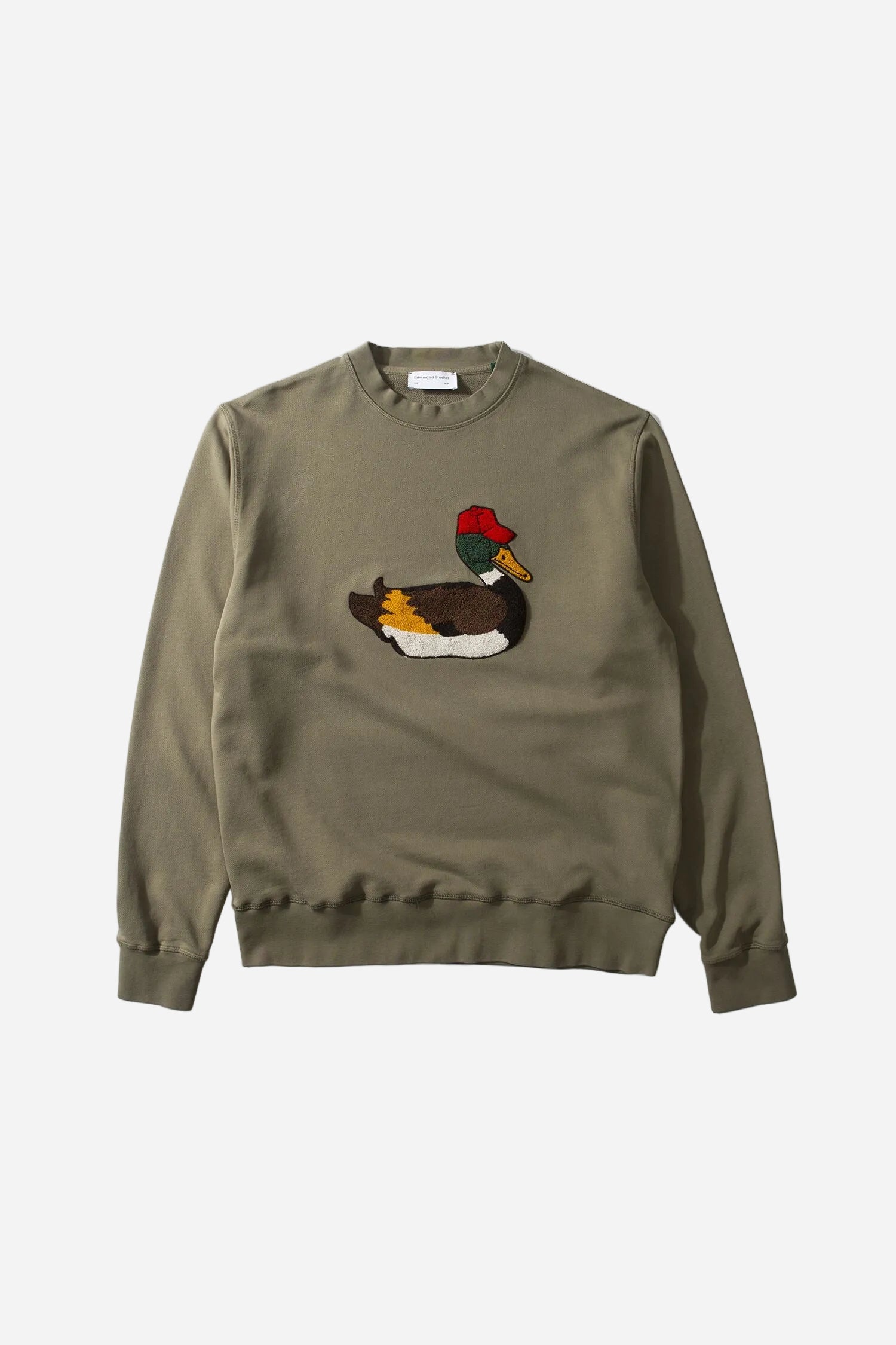 Green sweatshirt with a colorful bird graphic on a white background