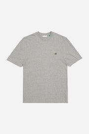 Gray t-shirt with a small logo on a white background