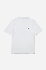 White t-shirt with a small embroidered design on a white background