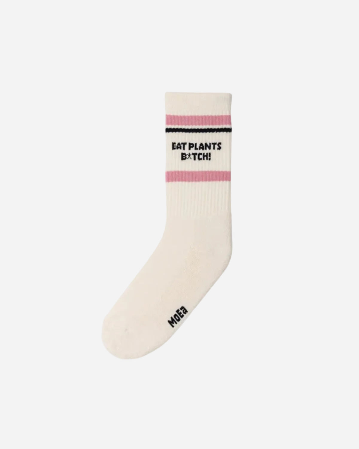 White sock with text EAT PLANTS B*TCH on a white background