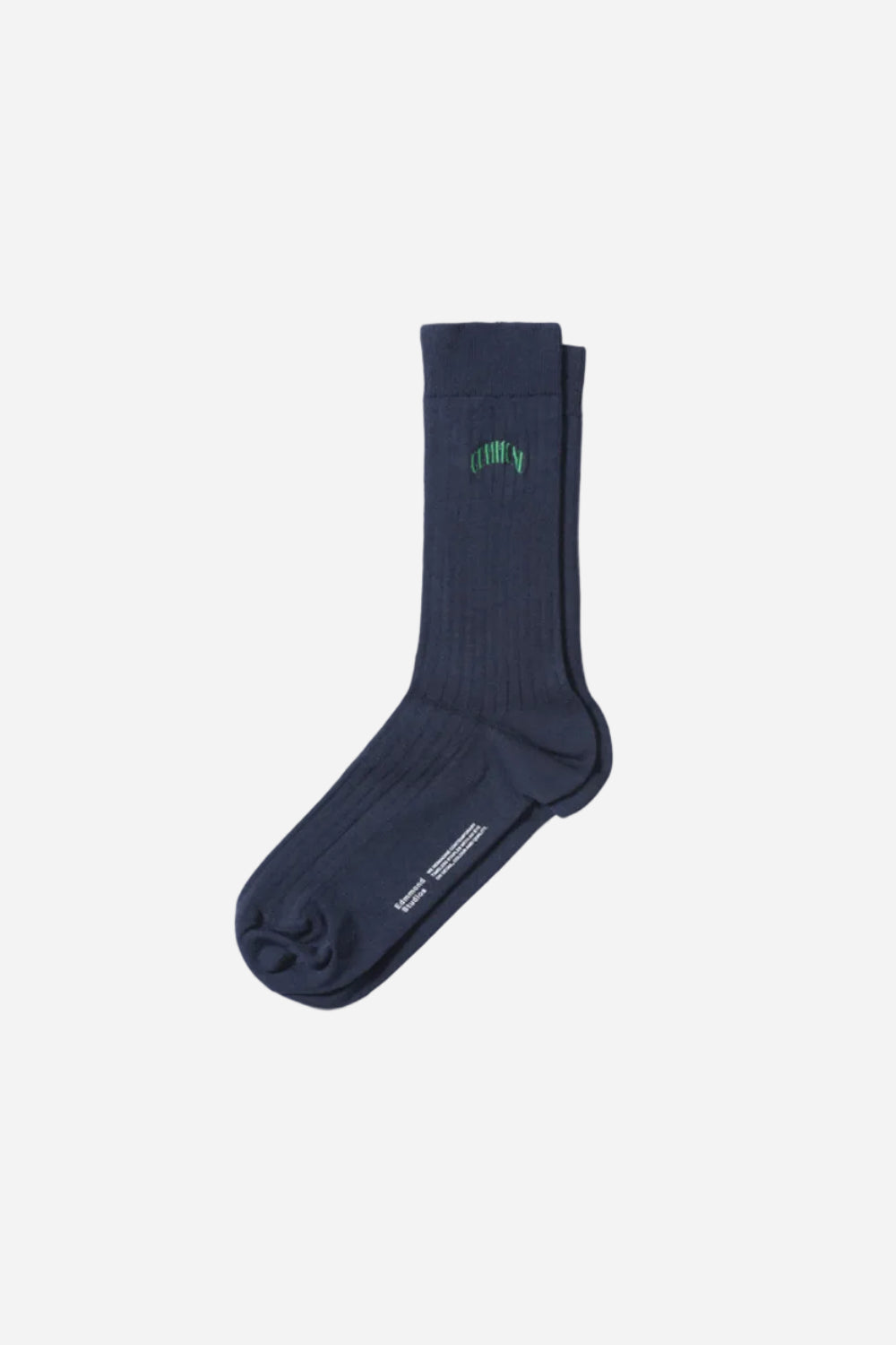 Navy sock with a green logo on a white background