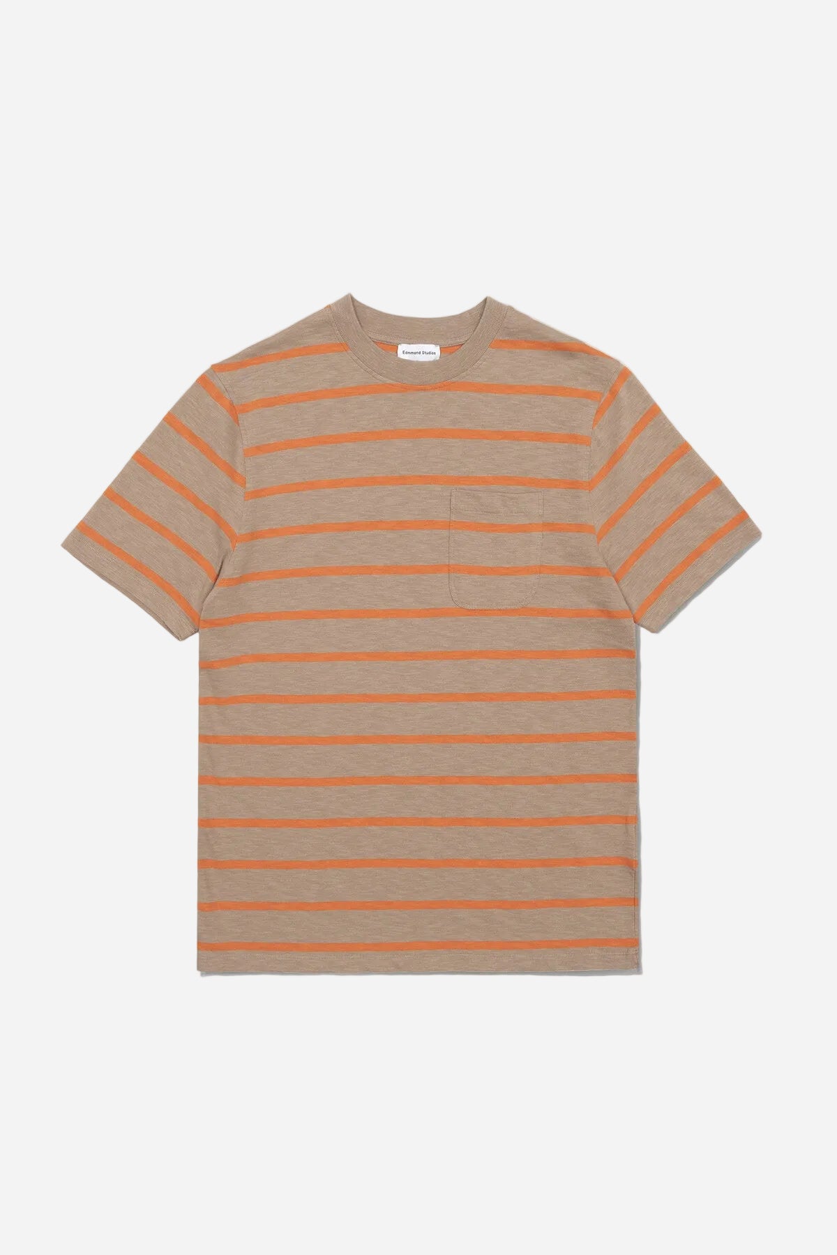 Striped t-shirt with orange and beige horizontal stripes on a white background