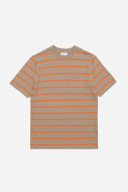Striped t-shirt with orange and beige horizontal stripes on a white background
