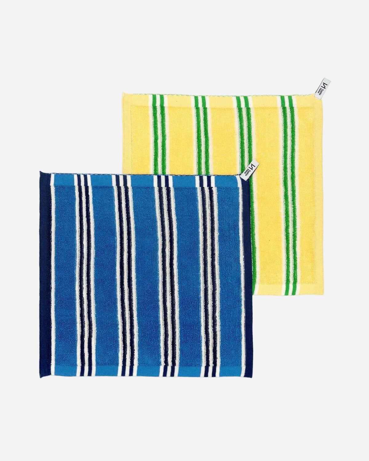 Two striped towels, one blue and white, one yellow and green, on a white background.