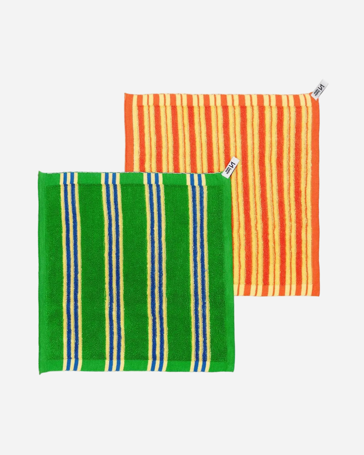 Two striped towels, one green with blue stripes and one orange with yellow stripes, on a white background.