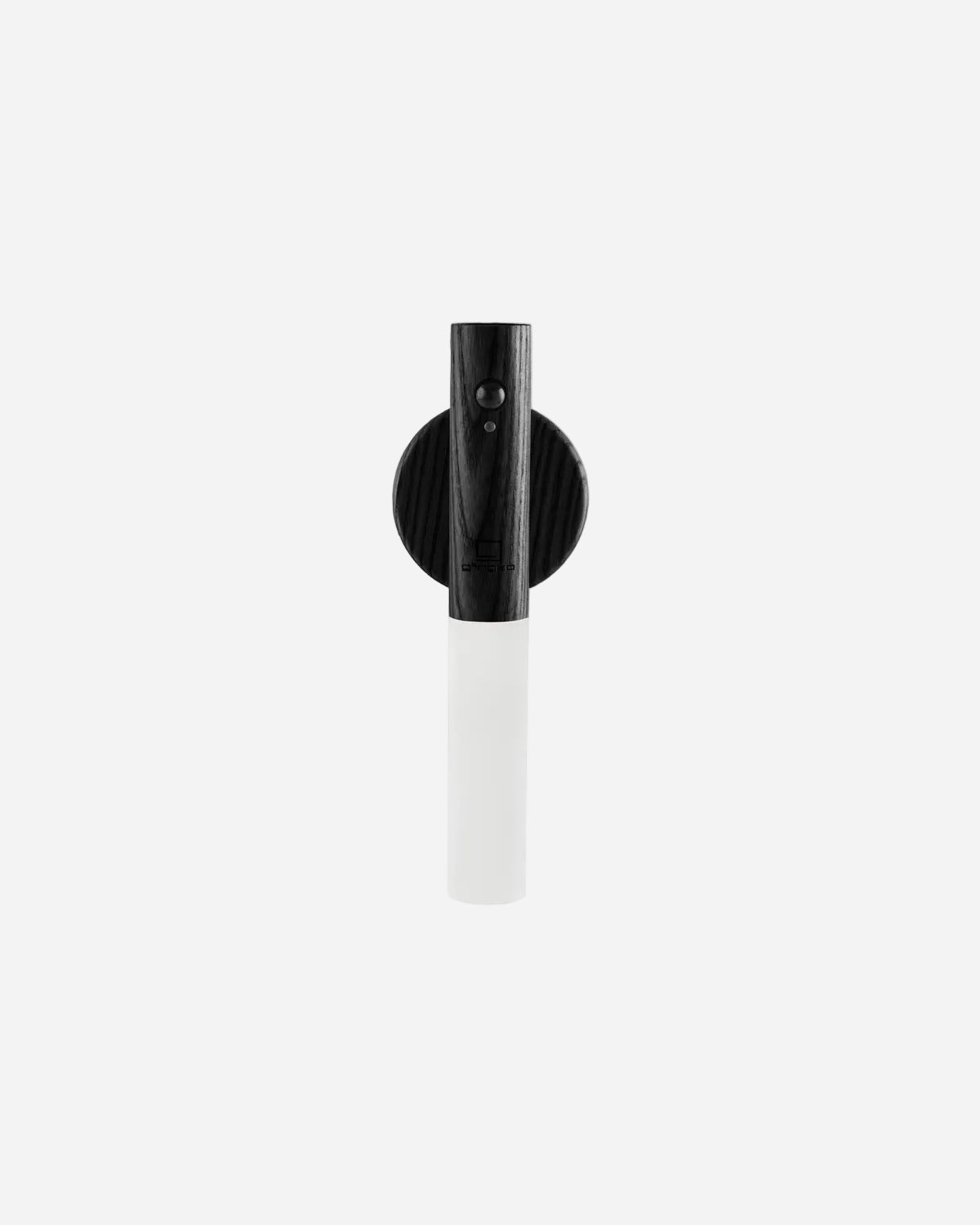 Black wall sconce with a white cylindrical shade on a white background
