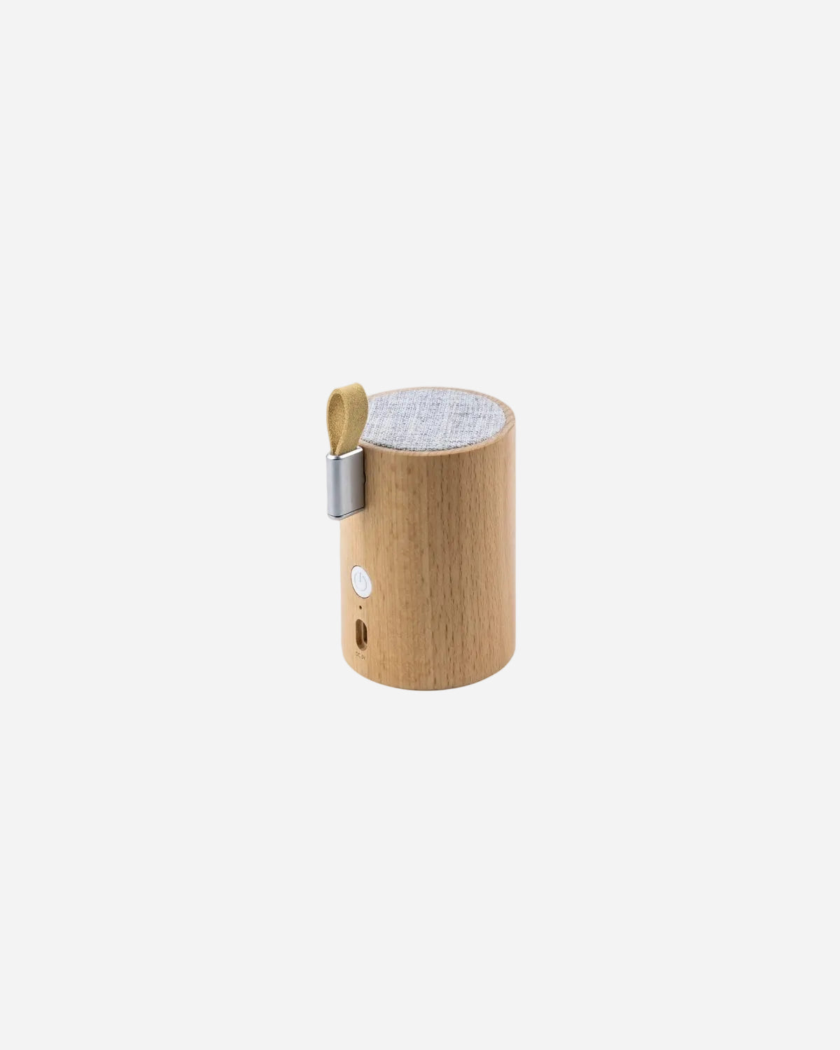 Wooden cylindrical product with a metallic accent on a white background