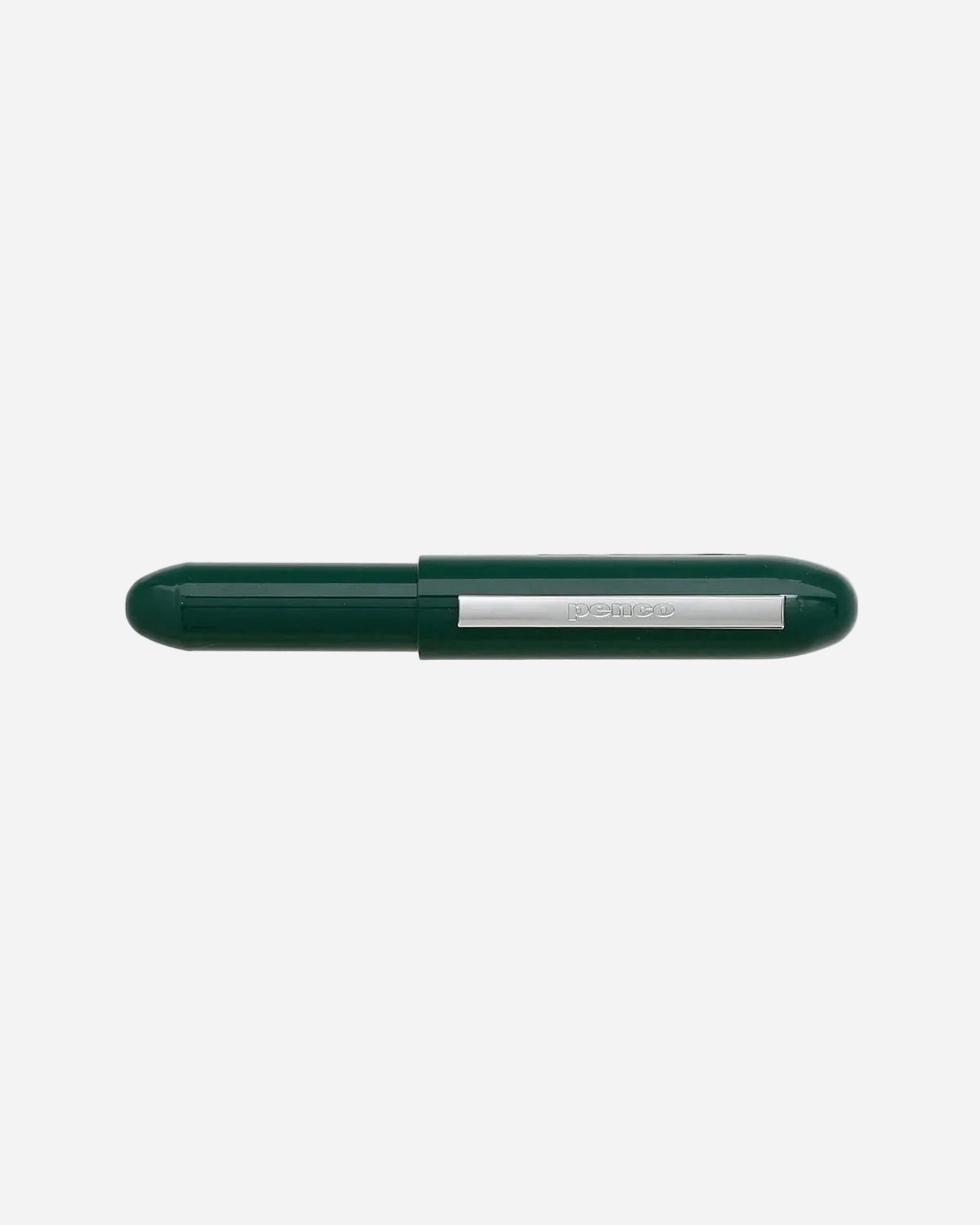 Green pen with silver clip on a white background
