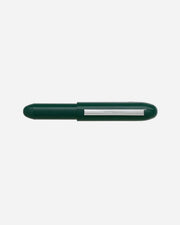 Green pen with silver clip on a white background