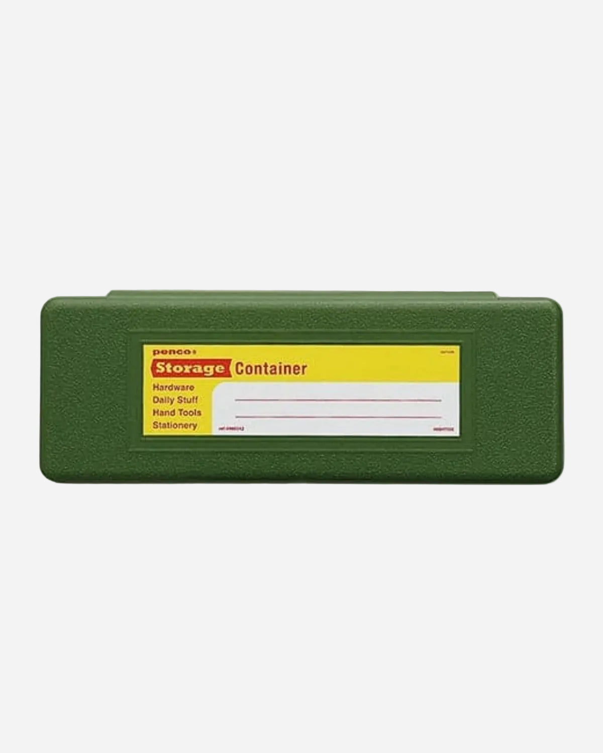 Green storage container with a label on a white background