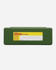Green storage container with a label on a white background