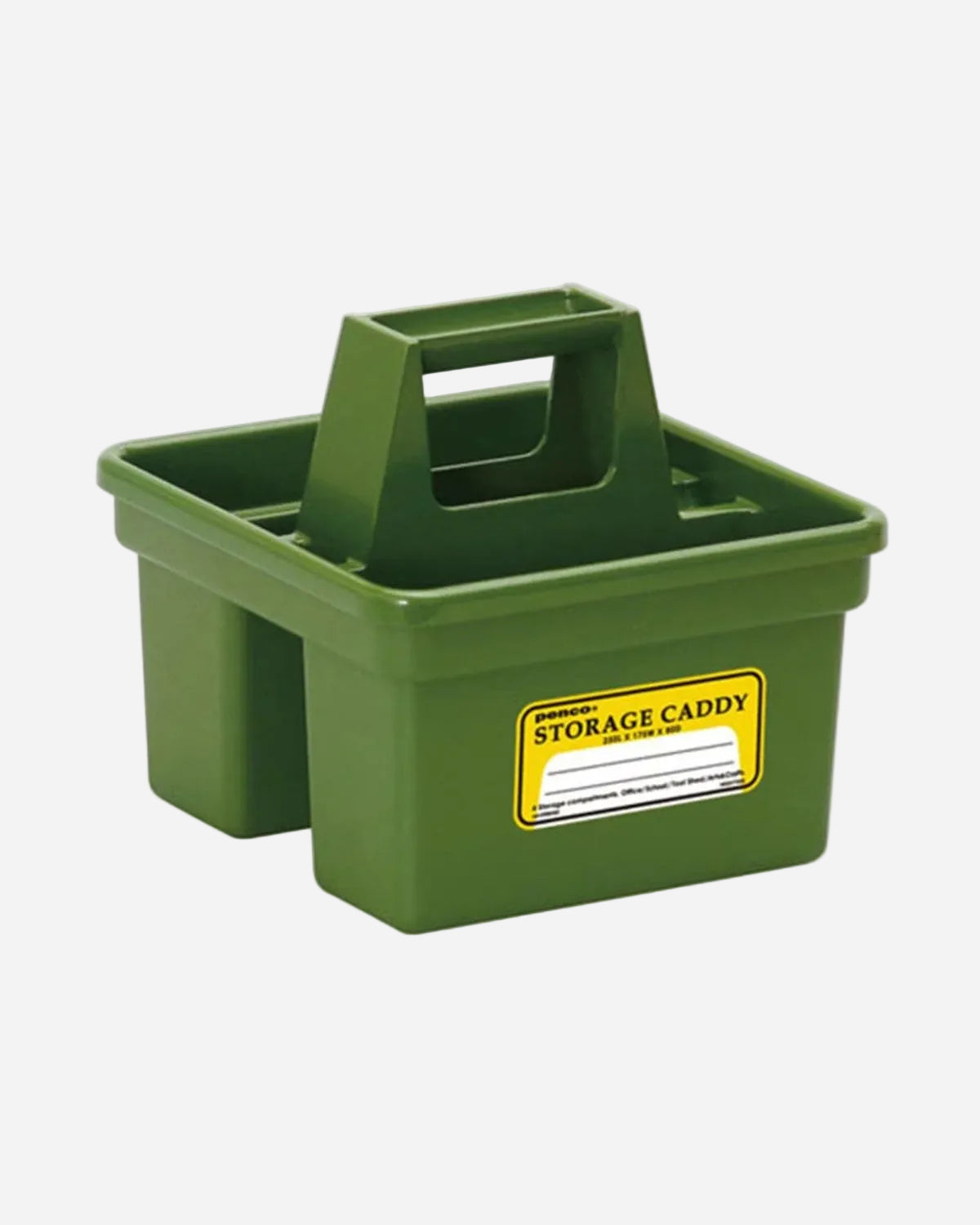 Green storage caddy with a yellow label on a white background