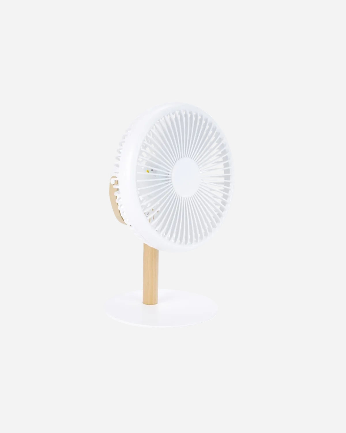 White desk fan on a wooden stand
