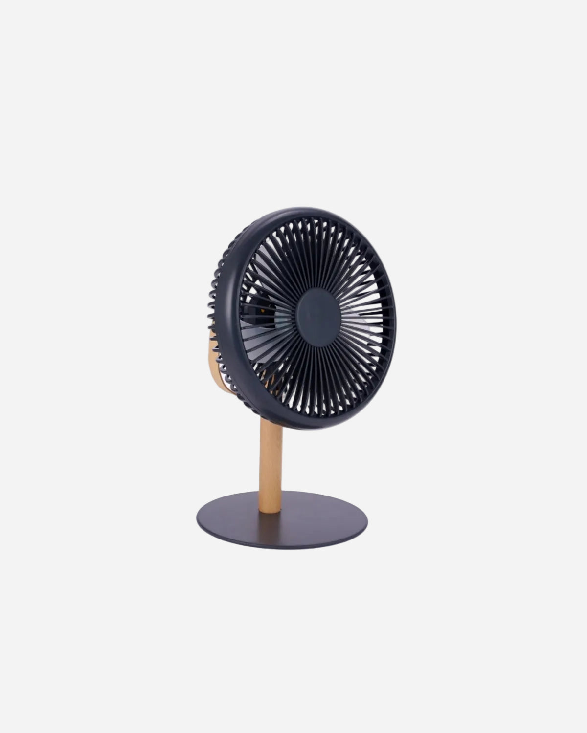 Dark grey desk fan with light on a wooden base