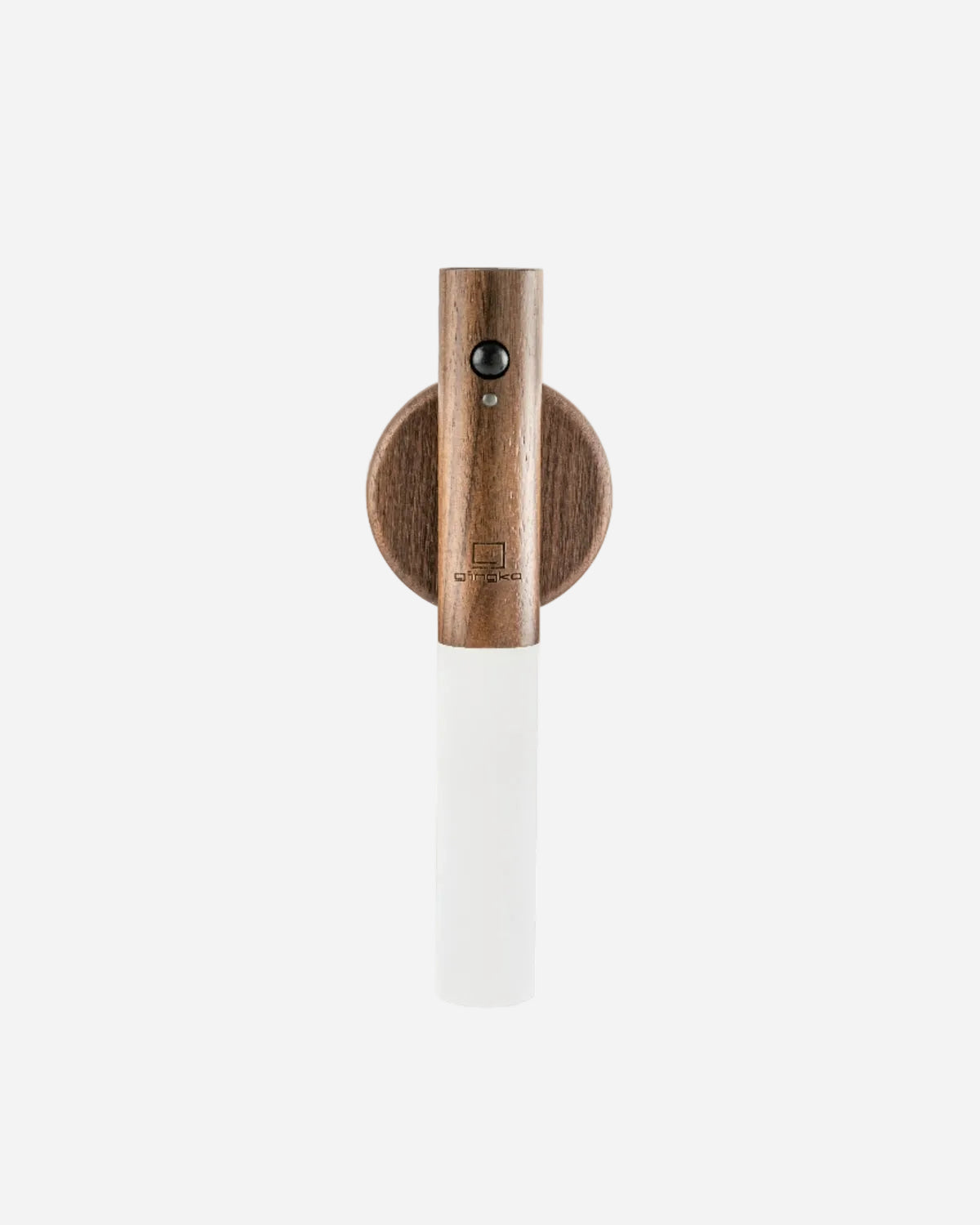 Wall-mounted light fixture with wooden base and white cylindrical shade on a white background