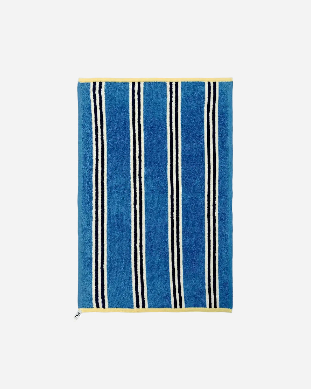 Blue towel with black and white stripes on a white background