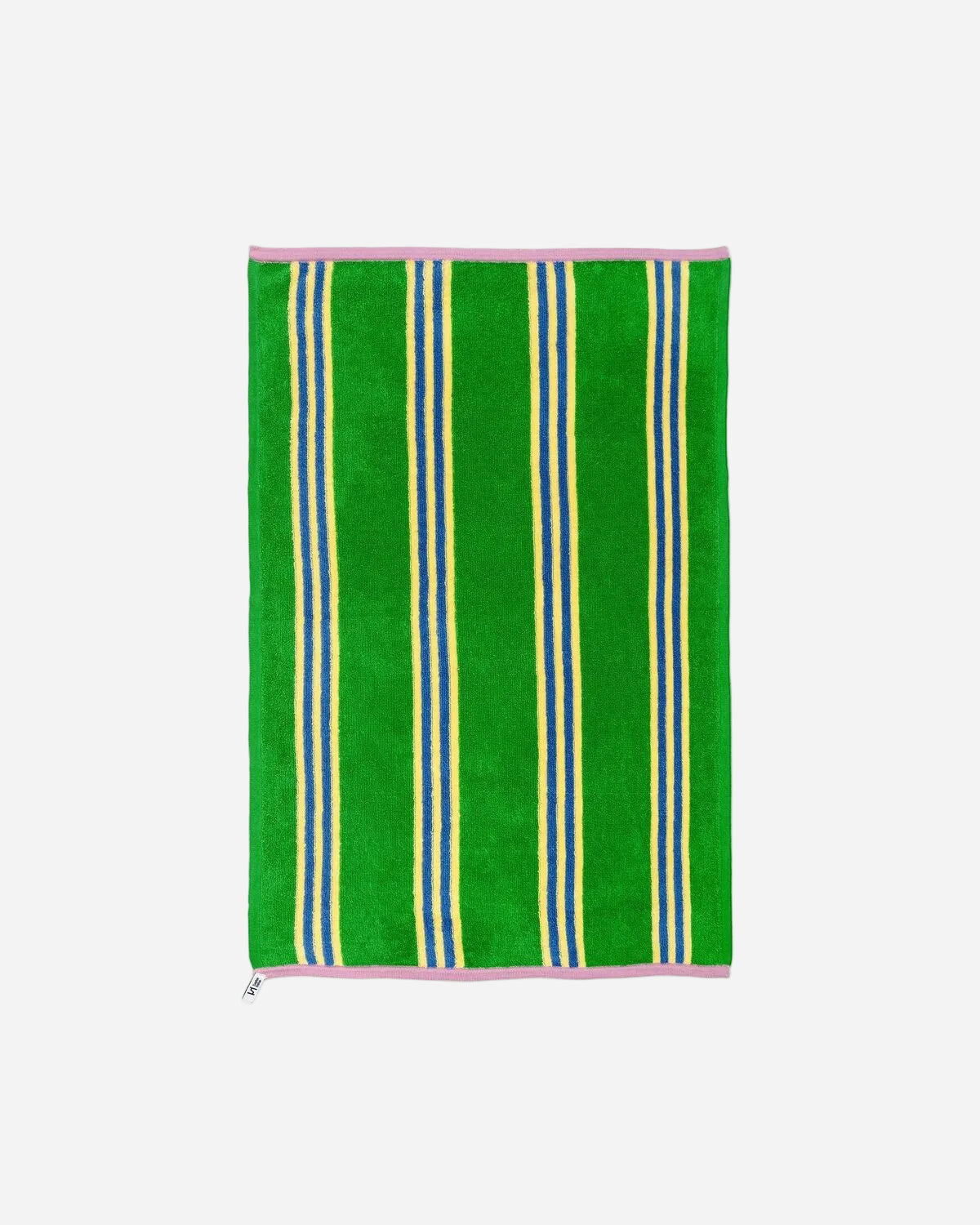 Green towel with blue and yellow stripes on a white background