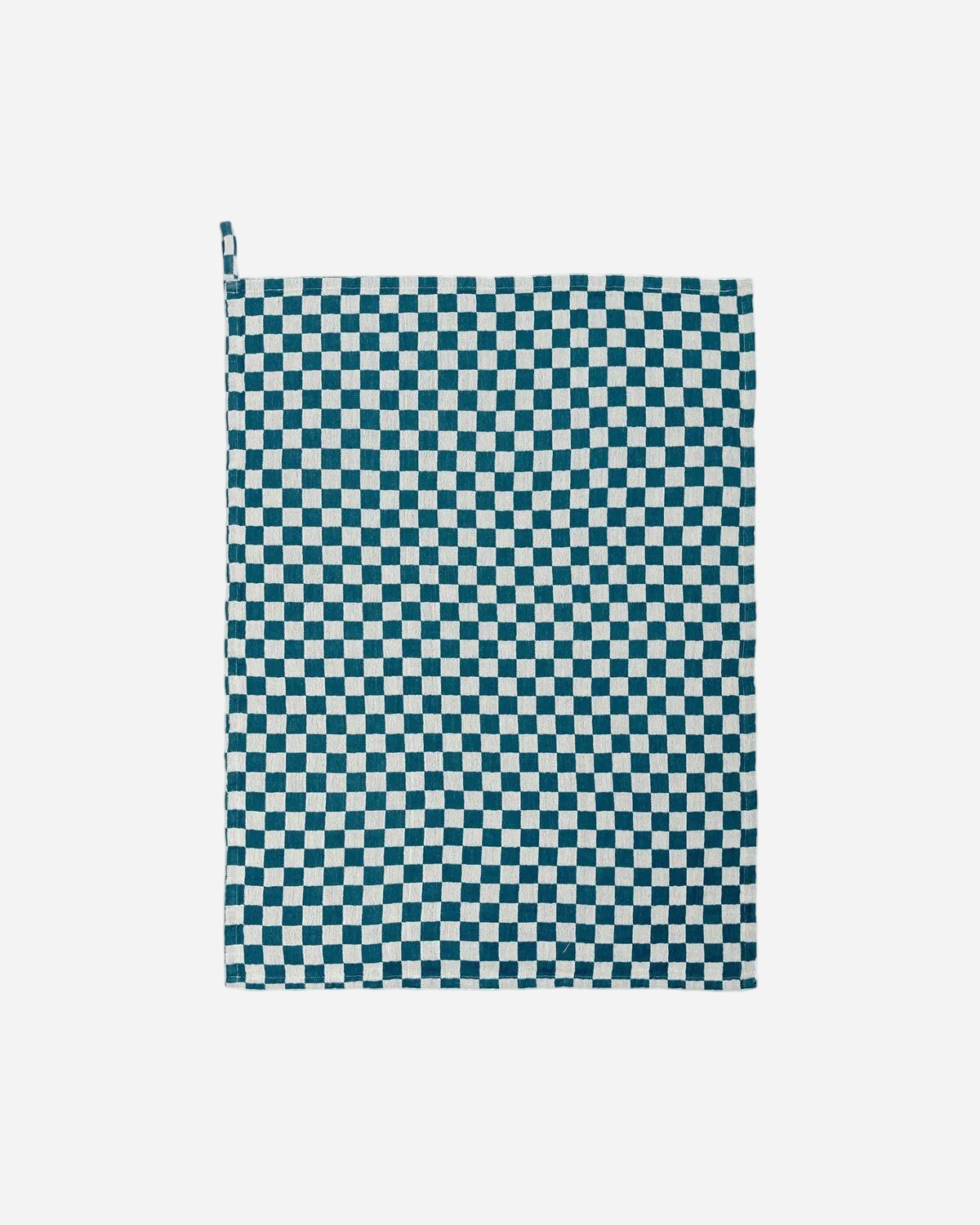 Teal and white checkered towel on a white background